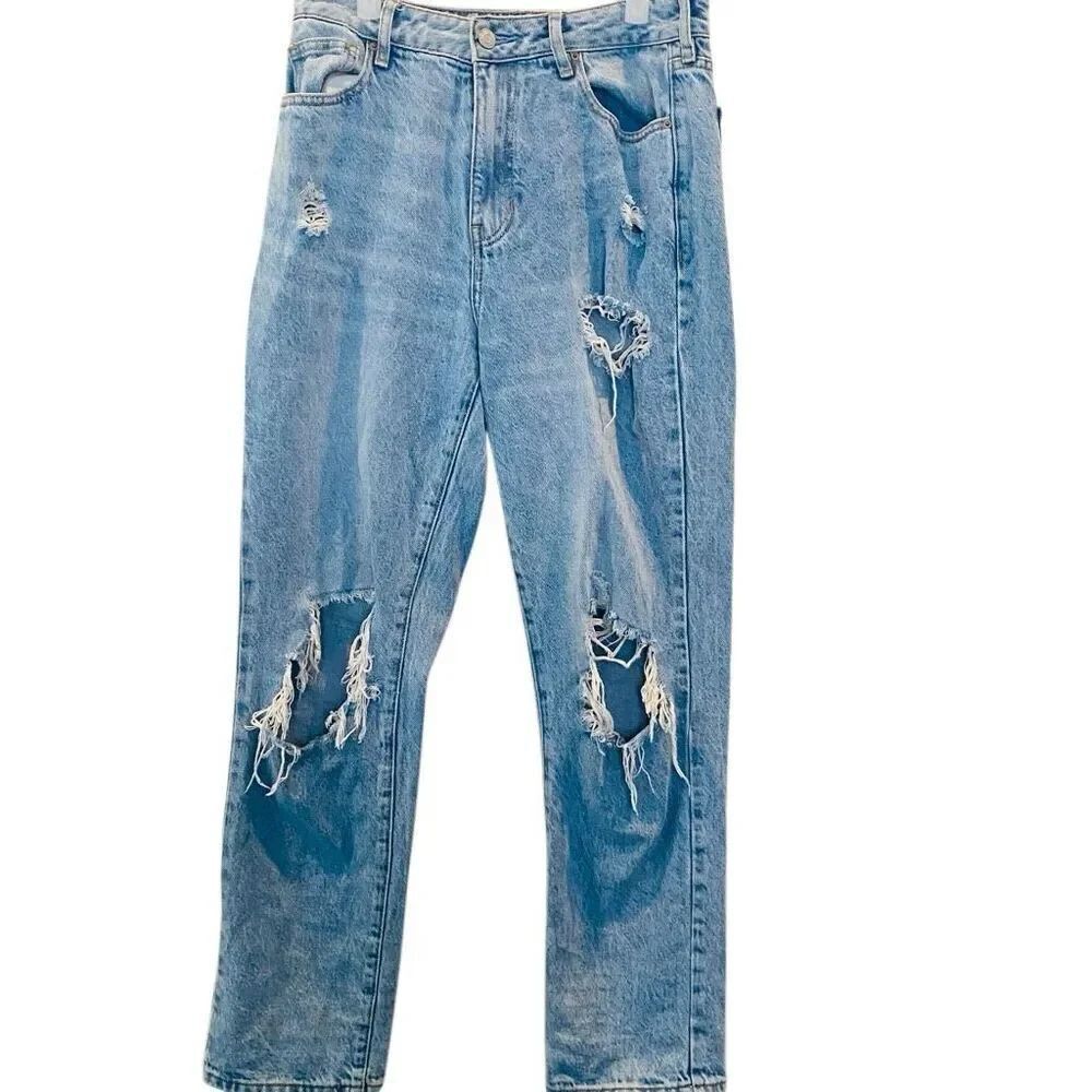 PacSun High Rise Straight Leg Distressed Ripped Denim Mom Jeans Blue Size 27